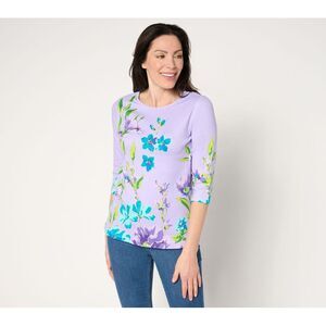 Quacker Factory Women's Top Sz L Wildflower Printed Sleeve Purple A681254